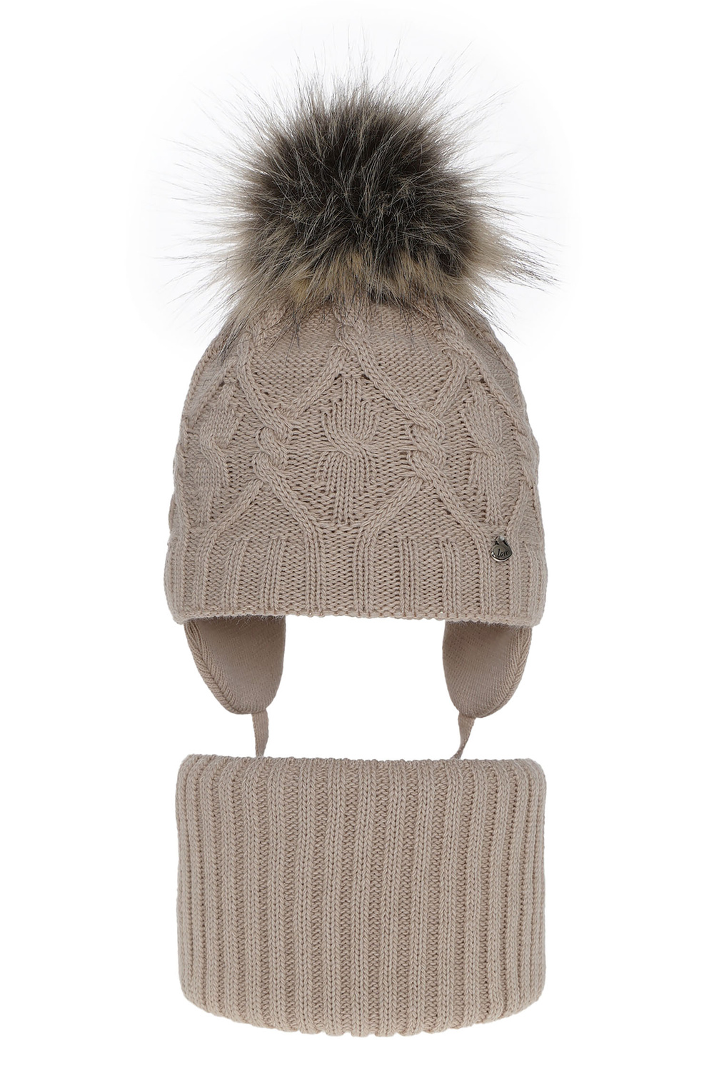 Set invernale bambina: berretto e scaldacollo, beige, con pompon, Elena