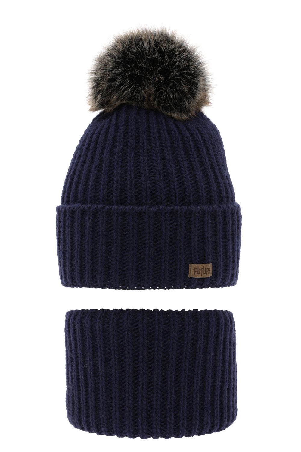 Set invernale bambino: berretto e scaldacollo, blu navy, con pompon, Wonder