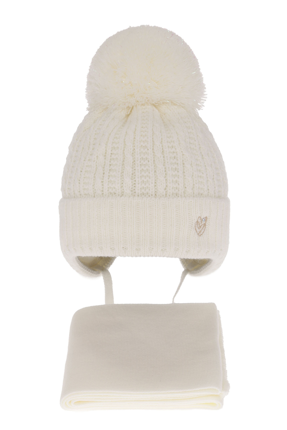 Set invernale bambina: berretto e sciarpa, crema, con lacci, con pompon, Marisa