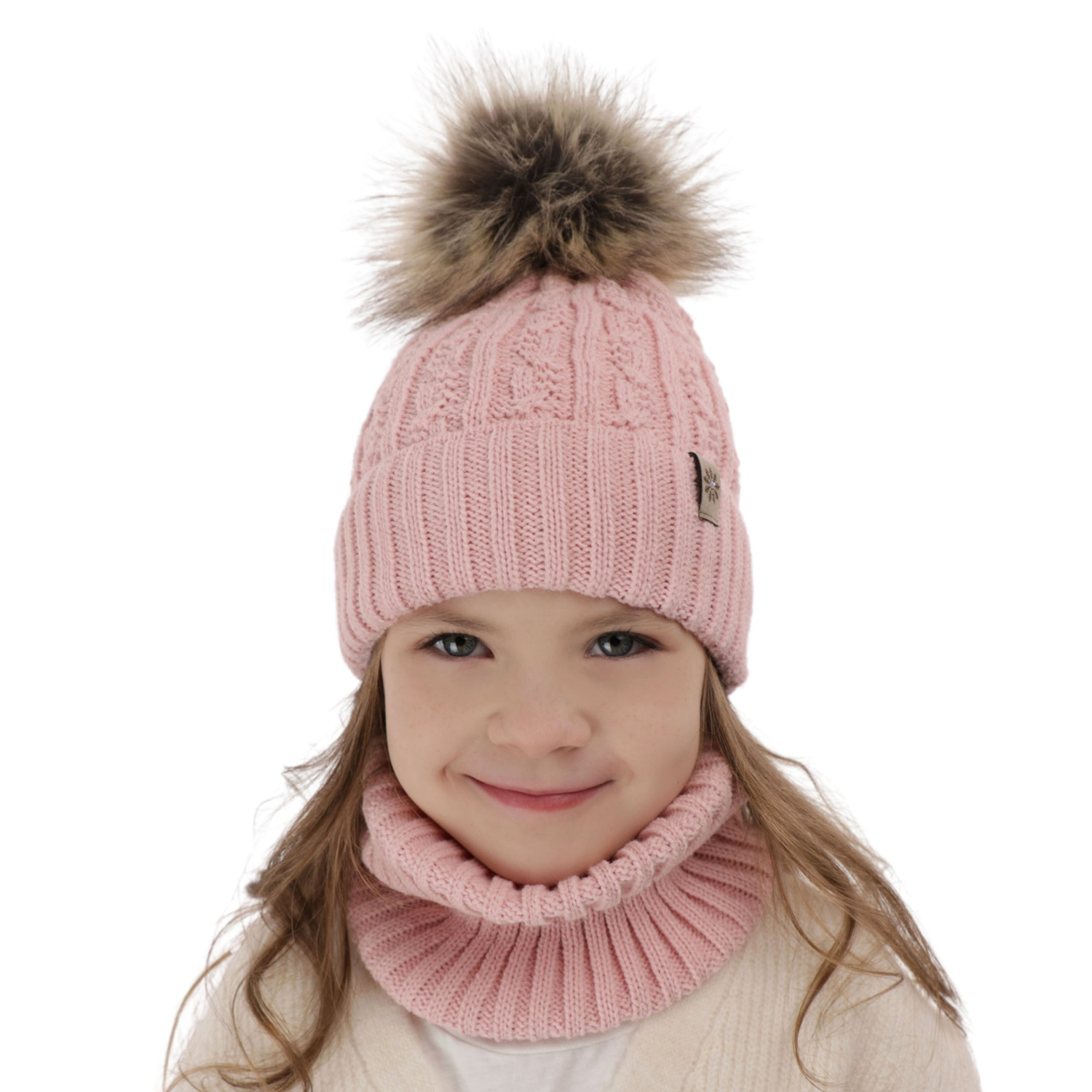 Set invernale bambina: berretto e scaldacollo, rosa, con pompon, Pretoria