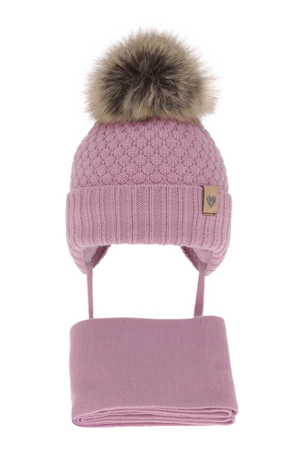 Set invernale bambina: berretto e sciarpa, viola, con pompon, con lacci, Bianca