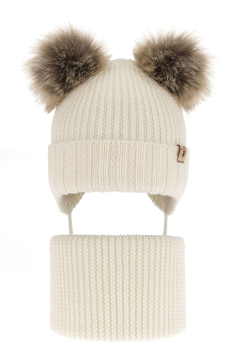 Set invernale bambina: berretto e scaldacollo, crema, con due pon pon, 100% Lana Merino, con lacci, Silvia
