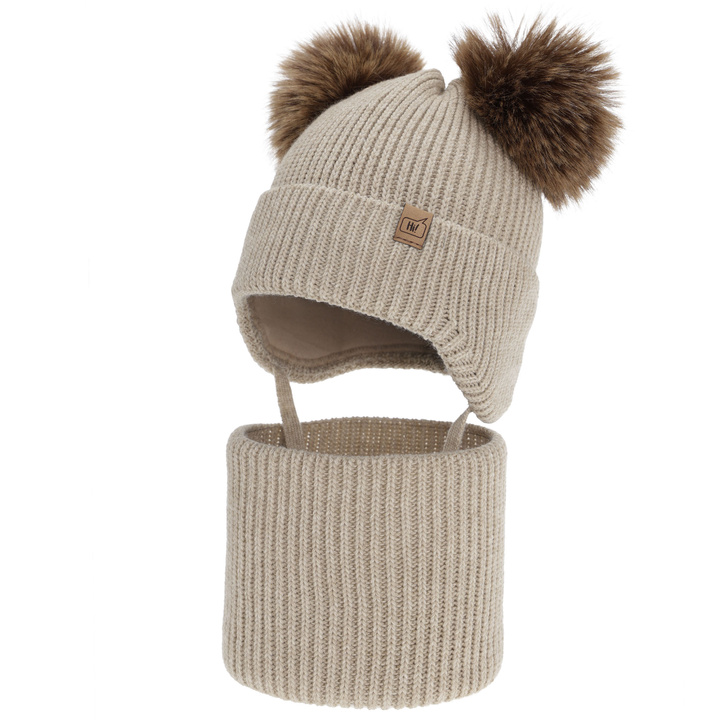 Set invernale bambino (berretto e scaldacollo), beige, con due pon pon, Zorven