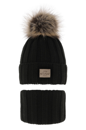 Set invernale bambina: berretto e scaldacollo, nero, con pompon, Kaliope