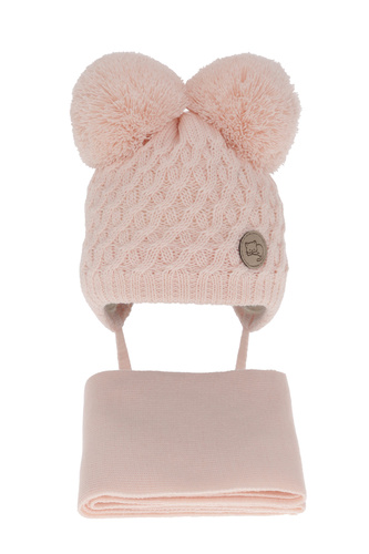 Set invernale bambina: berretto e sciarpa, rosa chiaro, con due pon pon, con lacci, Anava