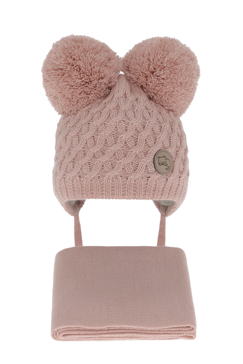 Set invernale bambina: berretto e sciarpa, rosa, con due pon pon, con lacci, Anava