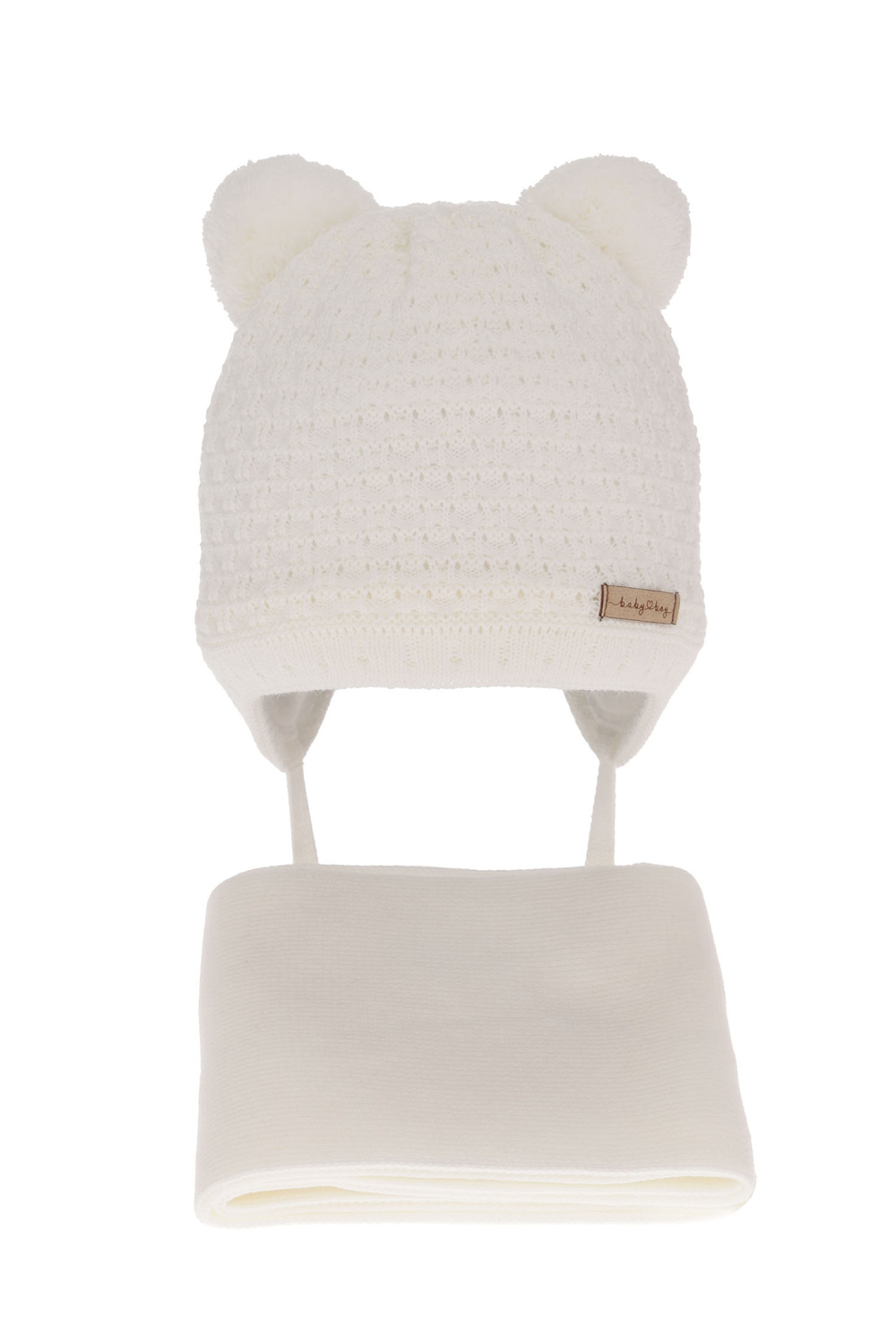 Set invernale bambino: berretto e sciarpa, bianco, con due pon pon, con lacci, Franki