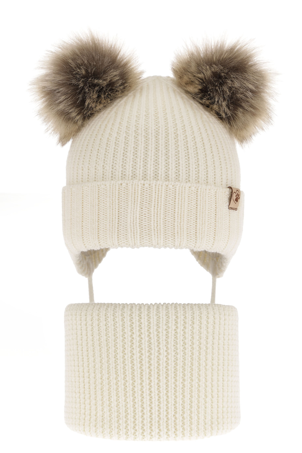 Set invernale bambina: berretto e scaldacollo, crema, con due pon pon, 100% Lana Merino, con lacci, Silvia