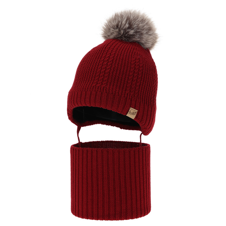 Set cappello e scaldacollo bambino, invernale, bordeaux, 100% lana merino, foderato pile di lana, con lacci Danny