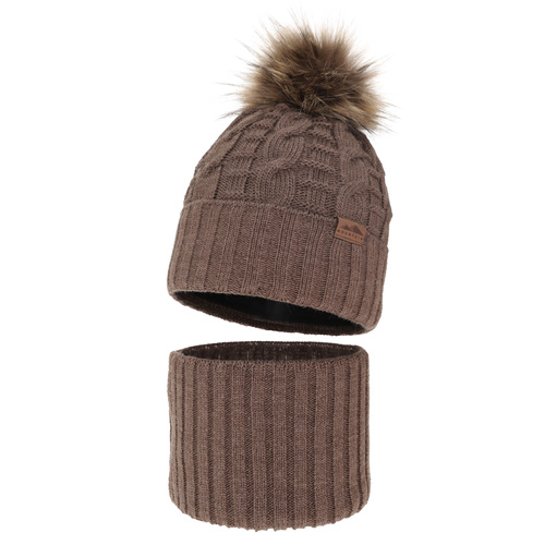 Set invernale bambino: berretto e scaldacollo, marrone, con pompon, Cent