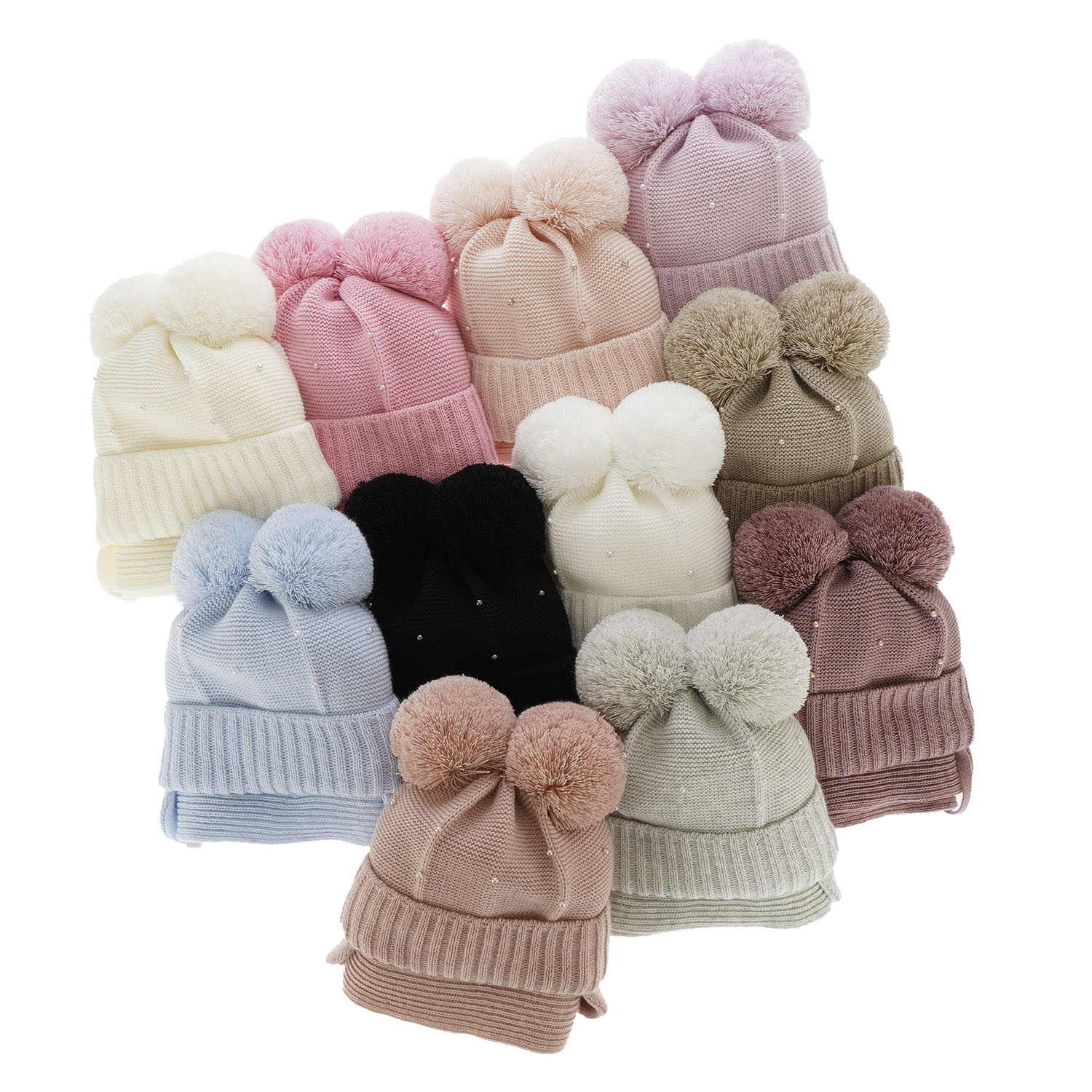 Set invernale bambina: berretto e sciarpa, lilla, con due pon pon, con lacci, Fibien