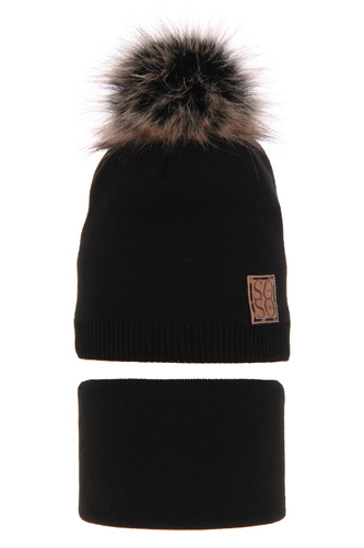 Set invernale bambina: berretto e scaldacollo, nero, con pompon, Apolinka