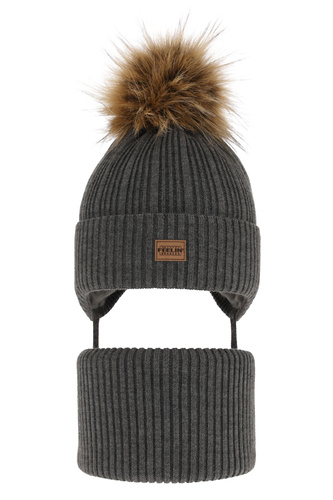 Set invernale bambino: berretto e scaldacollo, grigio, con pompon, Eger