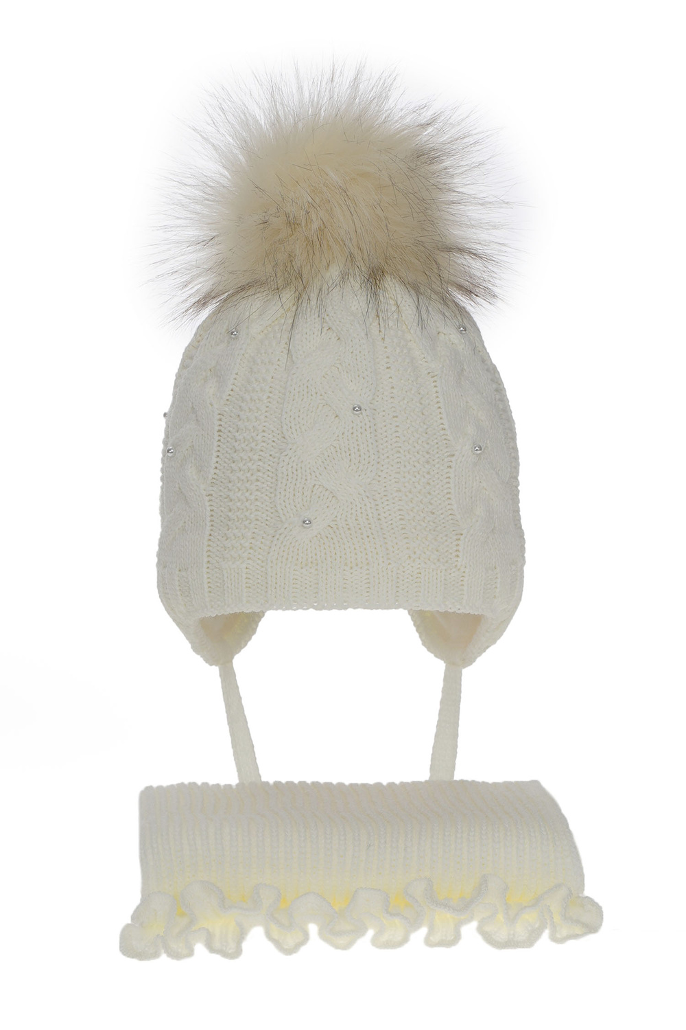 Set invernale bambina: berretto e sciarpa, crema, con pompon, Mirella
