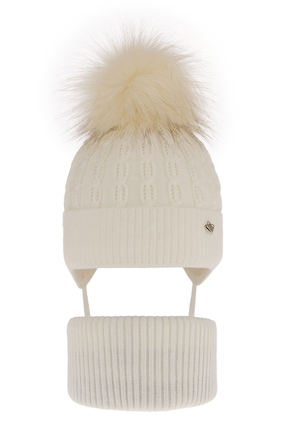 Set invernale bambina: berretto e scaldacollo, crema, con pompon, Tukana