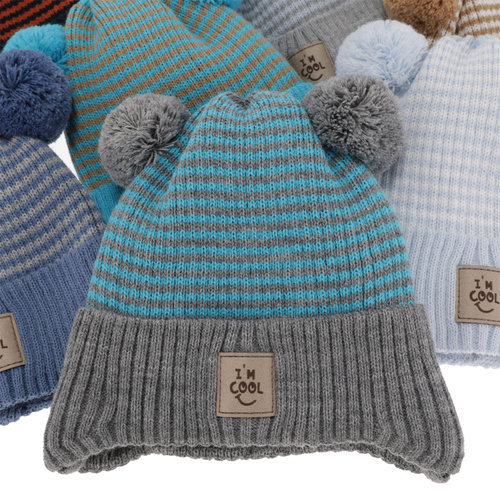 Berretto autunno/primavera bambino, giallo, con due pon pon, con lacci, Laurent