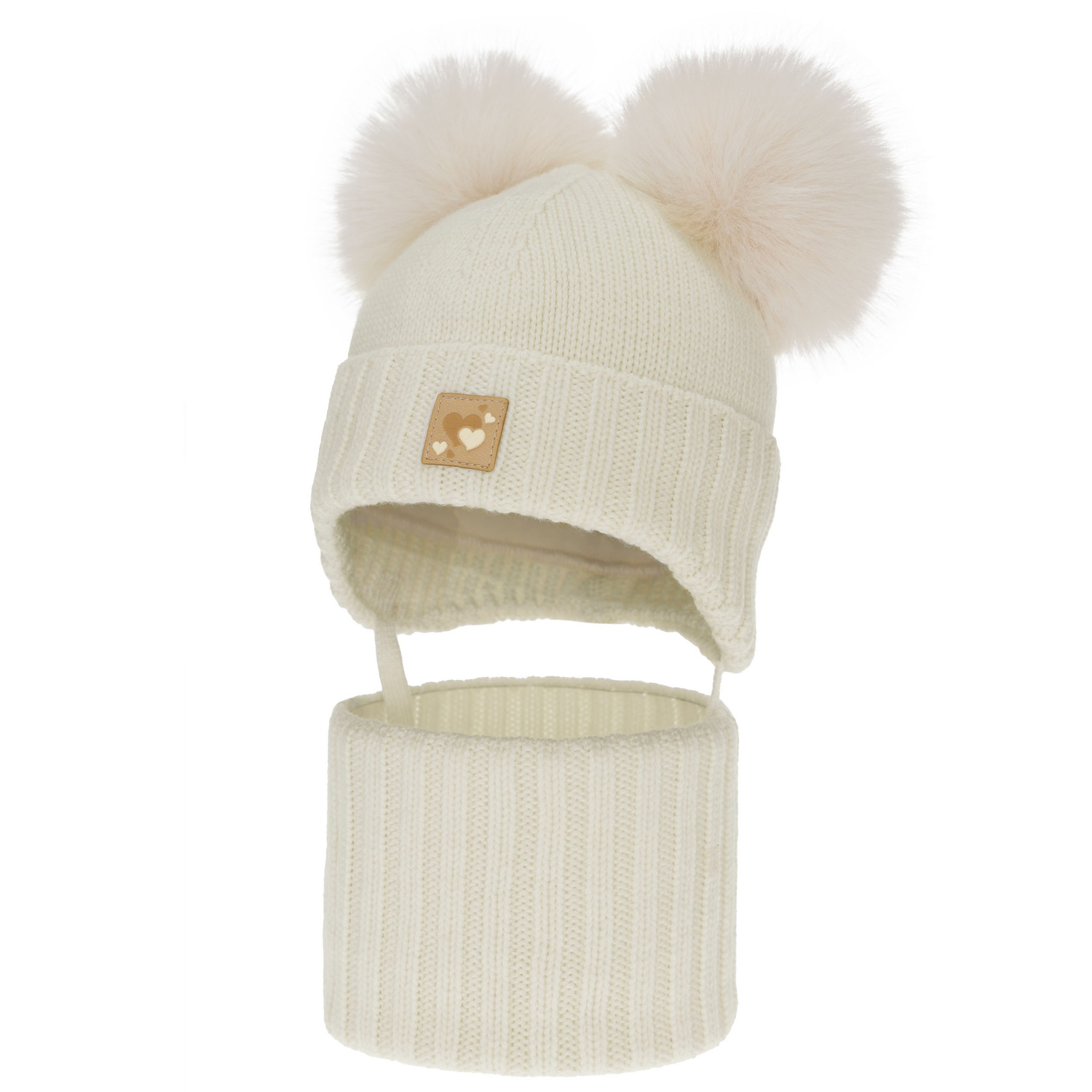 Set cappello e scaldacollo bambina, invernale, crema, 100% lana merino, foderato pile di lana, Ronia