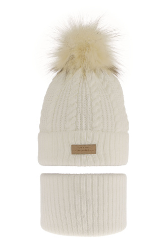 Set invernale bambina: berretto e scaldacollo, crema, con pompon, Alika