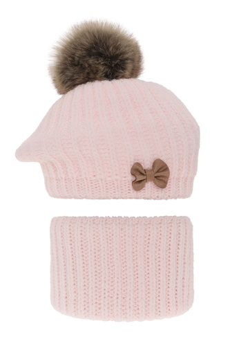 Set invernale bambina: berretto e scaldacollo, rosa chiaro, con pompon, Polinezja