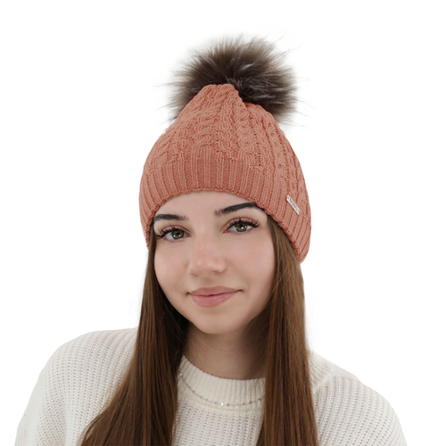 Berretto invernale donna, rosa, con pompon, 100% Lana Merino, Satina