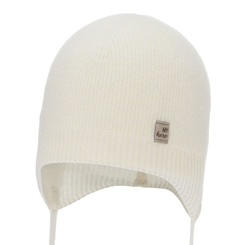 Berretto autunno/primavera bambino, crema, lana merino con cashmere, con lacci, Tono