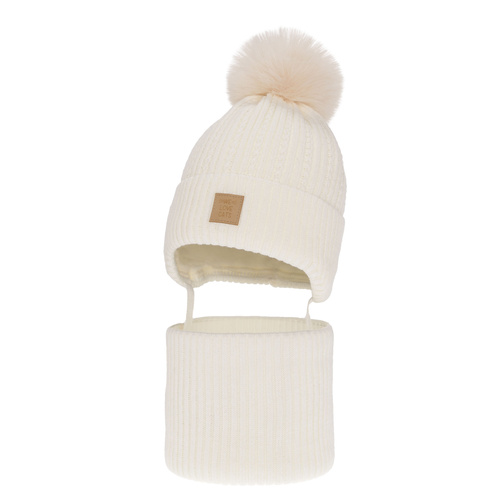 Set invernale bambina: berretto e scaldacollo, crema, con pompon, Betty