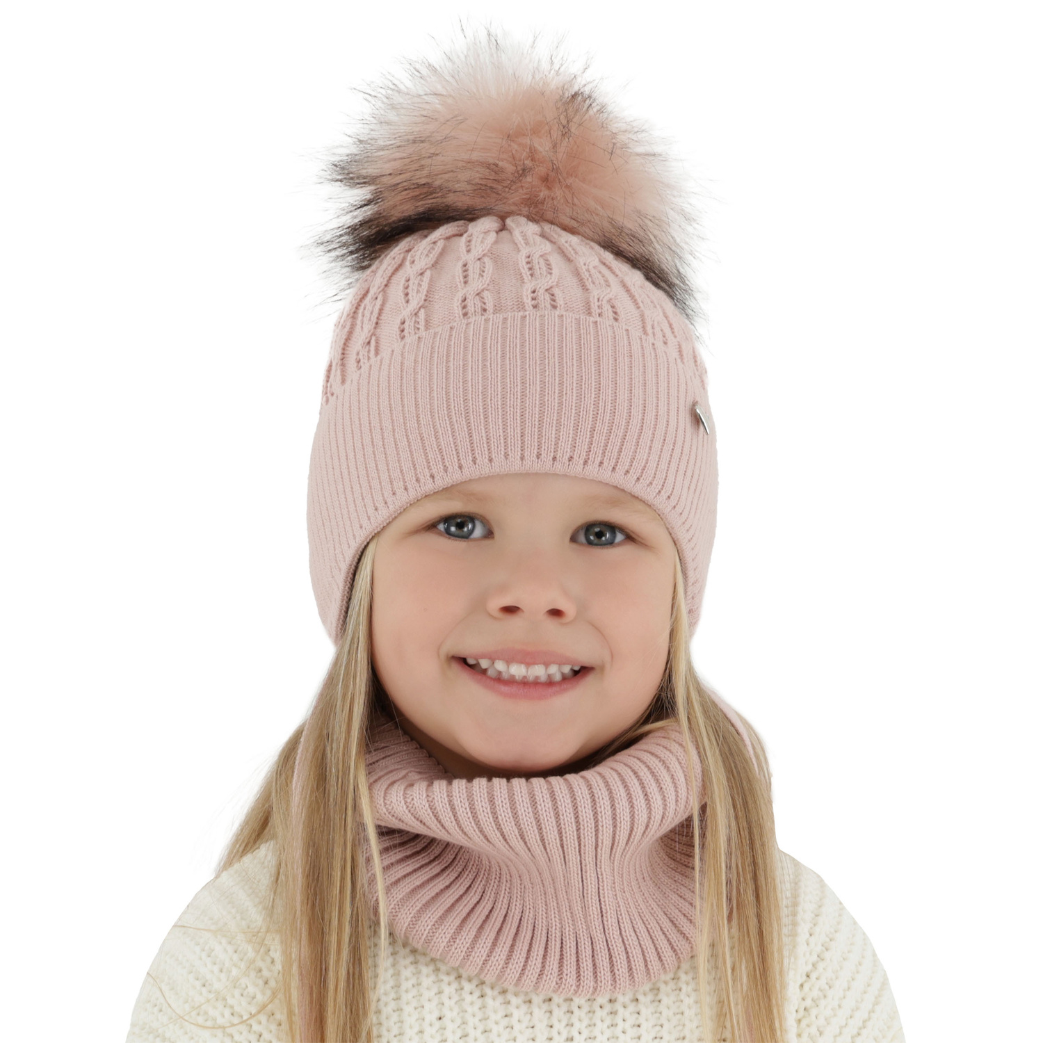 Set invernale bambina: berretto e scaldacollo, rosa, con pompon, Tukana