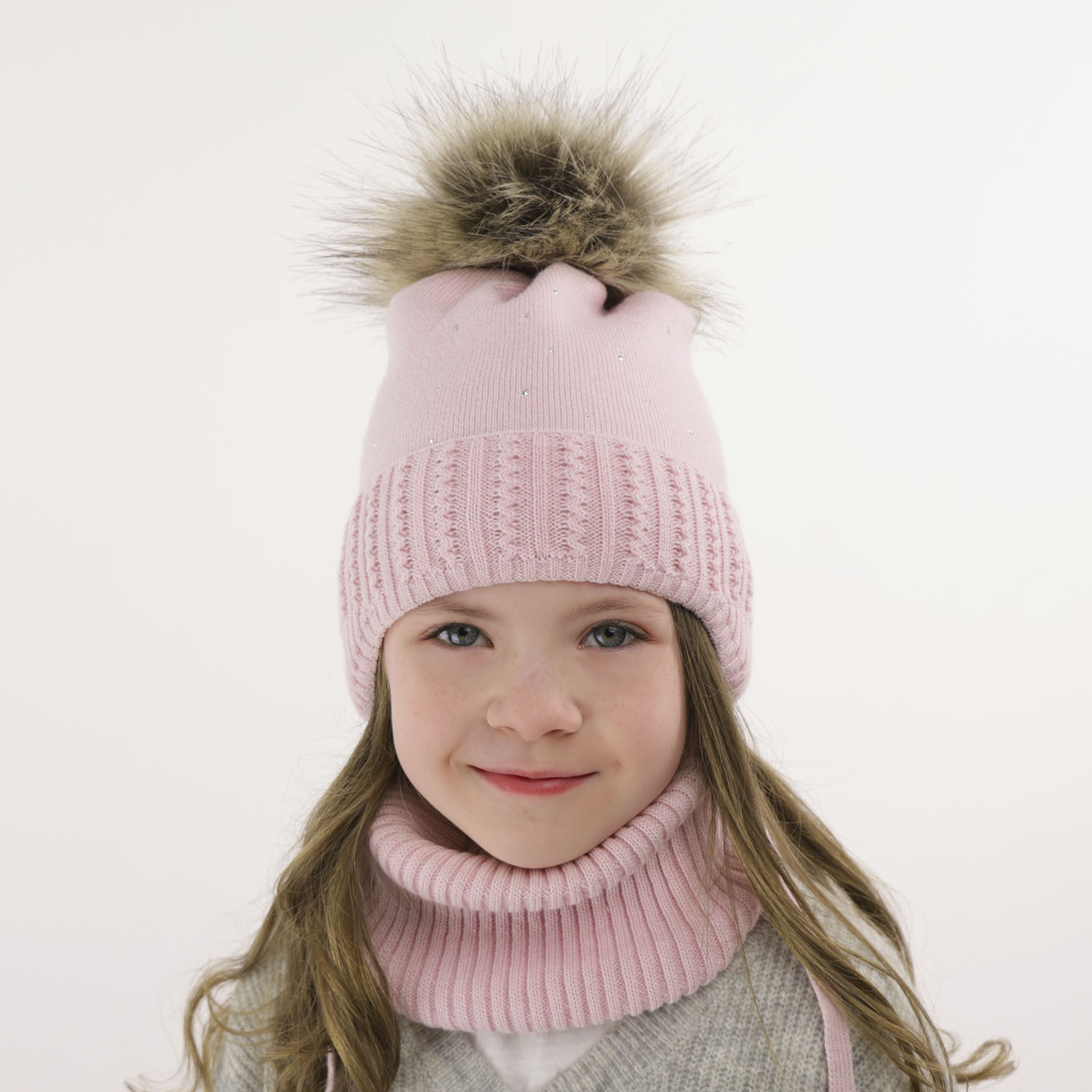 Set invernale bambina: berretto e scaldacollo, bianco, con pompon, Renia