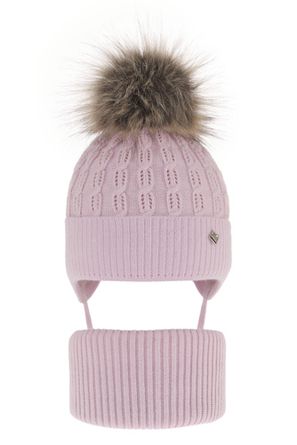 Set invernale bambina: berretto e scaldacollo, lilla, con pompon, con lacci, Tukana