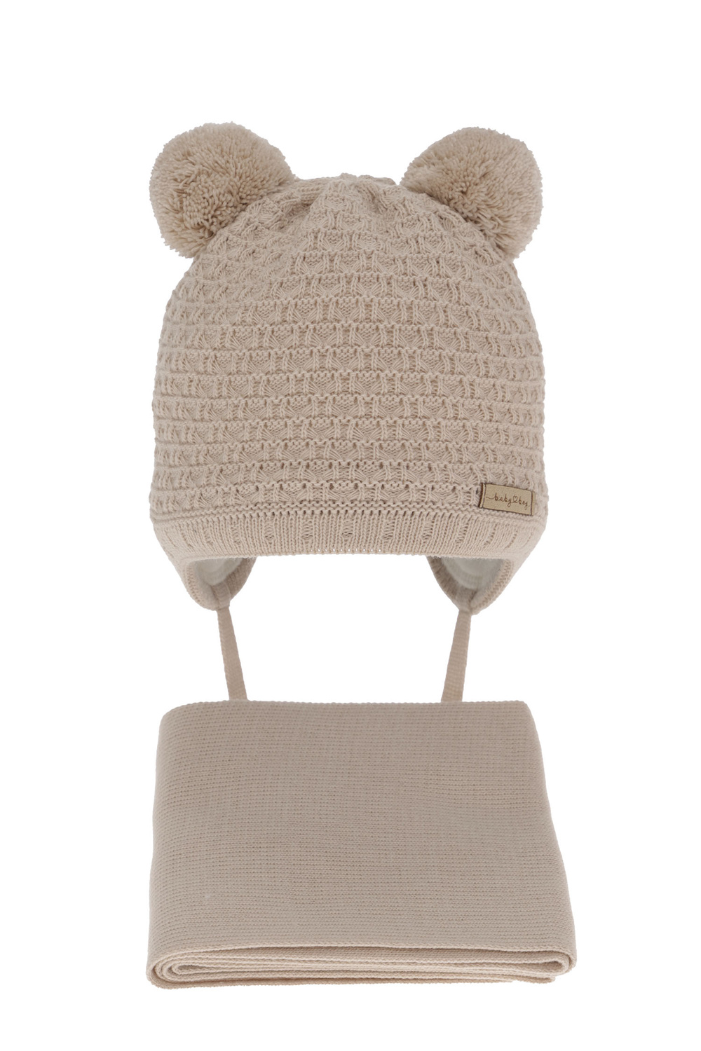 Set invernale bambino: berretto e sciarpa, beige, con due pon pon, Franki