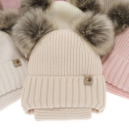 Set invernale bambina: berretto e scaldacollo, beige, con due pon pon, 100% Lana Merino, con lacci, Silvia