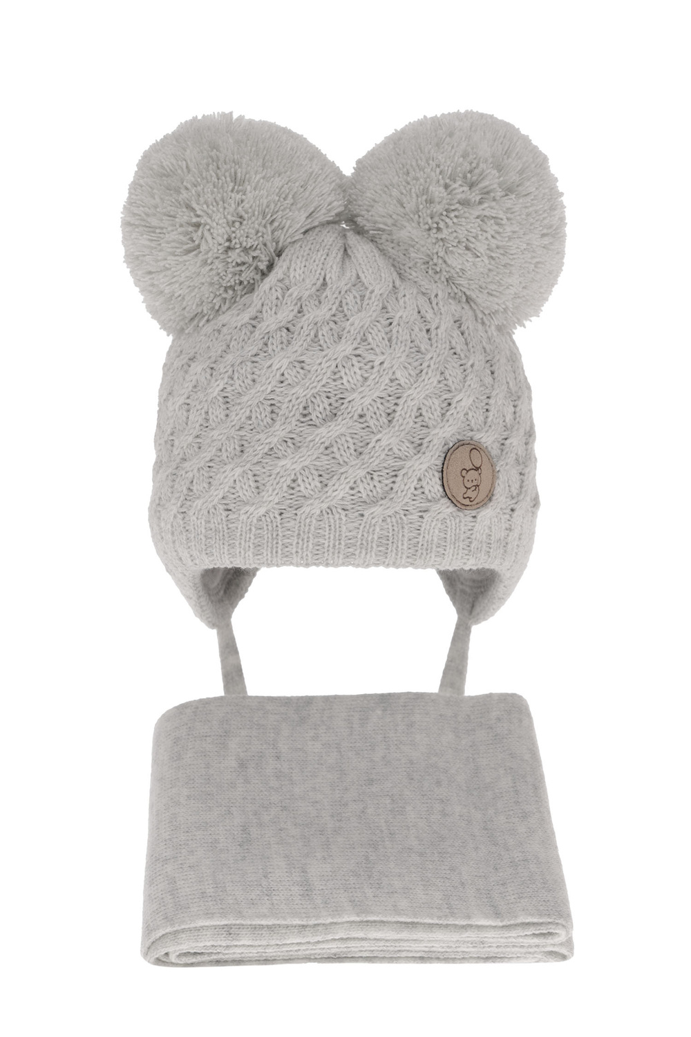 Set invernale bambino: berretto e sciarpa, grigio chiaro, con due pon pon, con lacci, Alonso