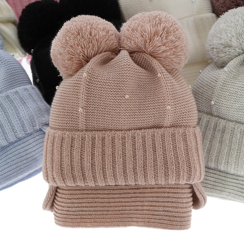 Set invernale bambina: berretto e sciarpa, lilla, con due pon pon, con lacci, Fibien