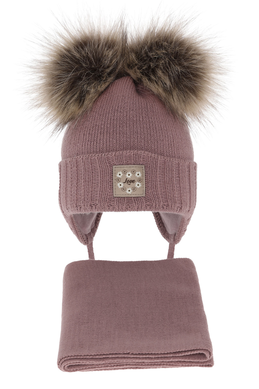 Set invernale bambina: berretto e sciarpa, lilla, con due pon pon, con lacci, Jazz