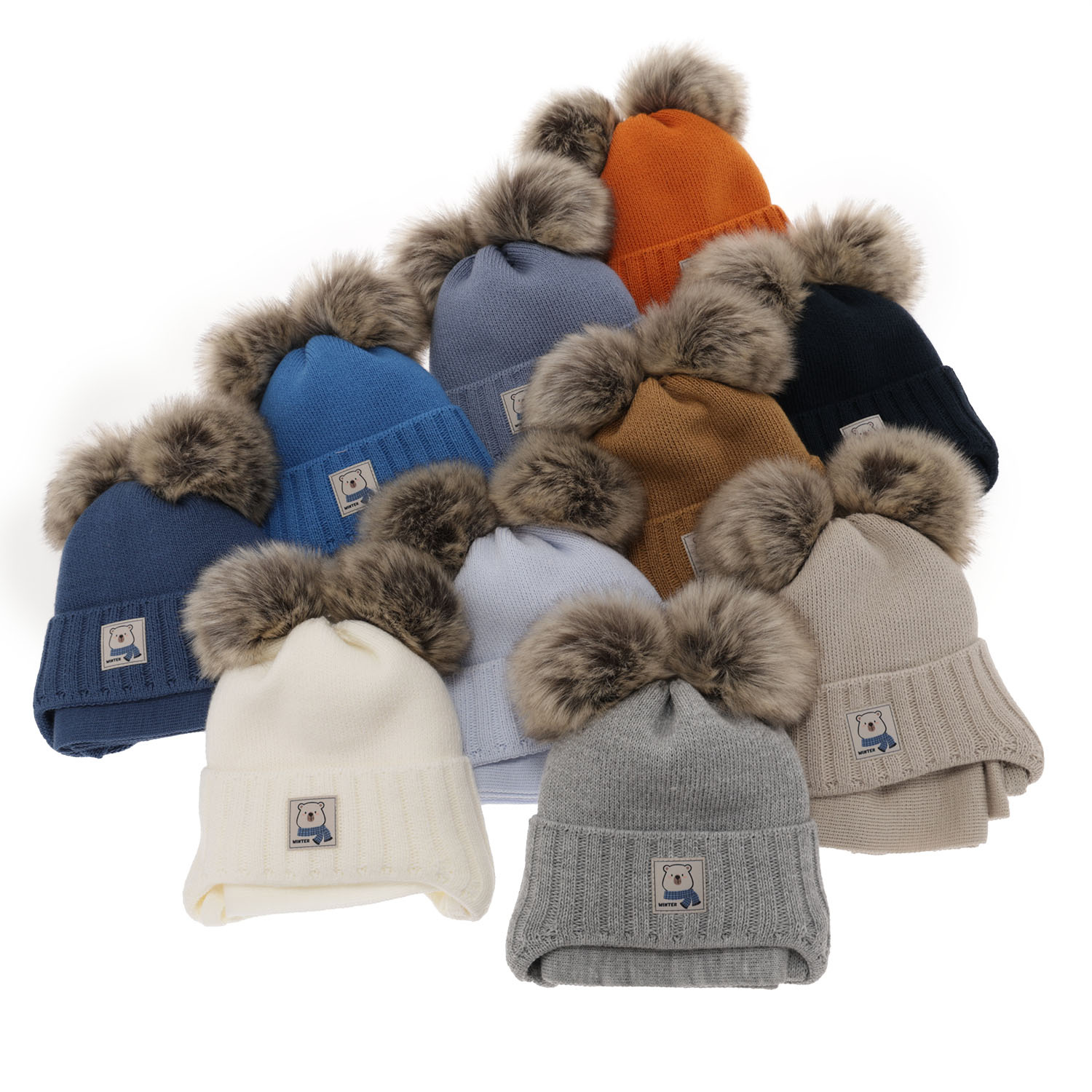 Set invernale bambino: berretto e sciarpa, blu, con due pon pon, Jewel