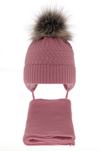 Set invernale bambina: berretto e sciarpa, rosa, con pompon, Zelta