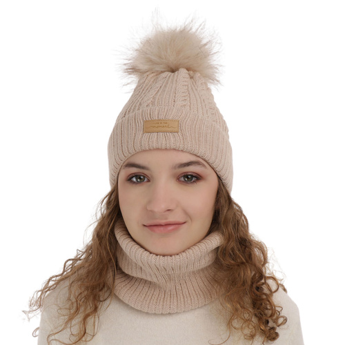 Set invernale bambina: berretto e scaldacollo, beige, con pompon, Alika