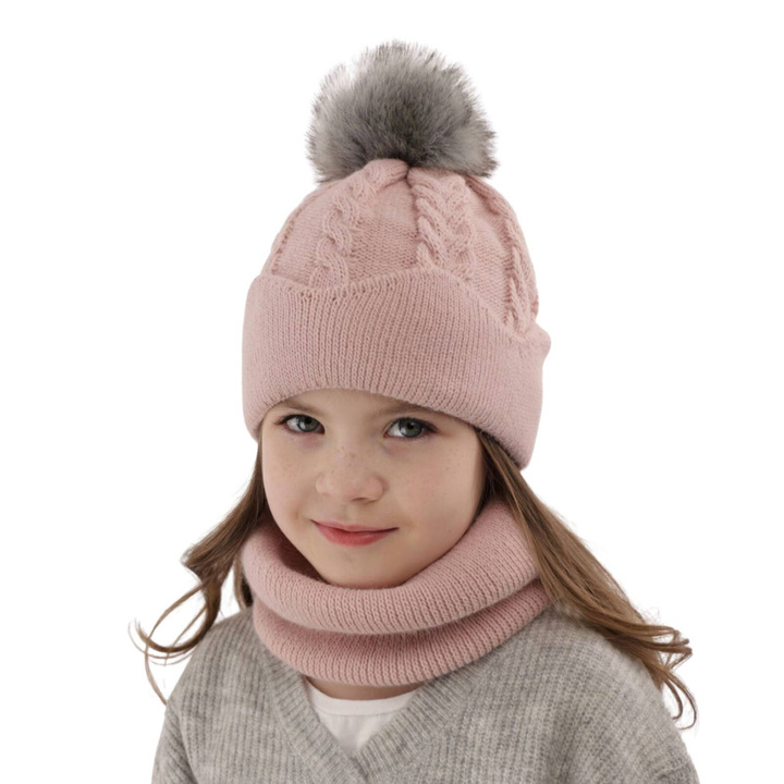 Set invernale bambina: berretto e scaldacollo, rosa, con pompon, Etula