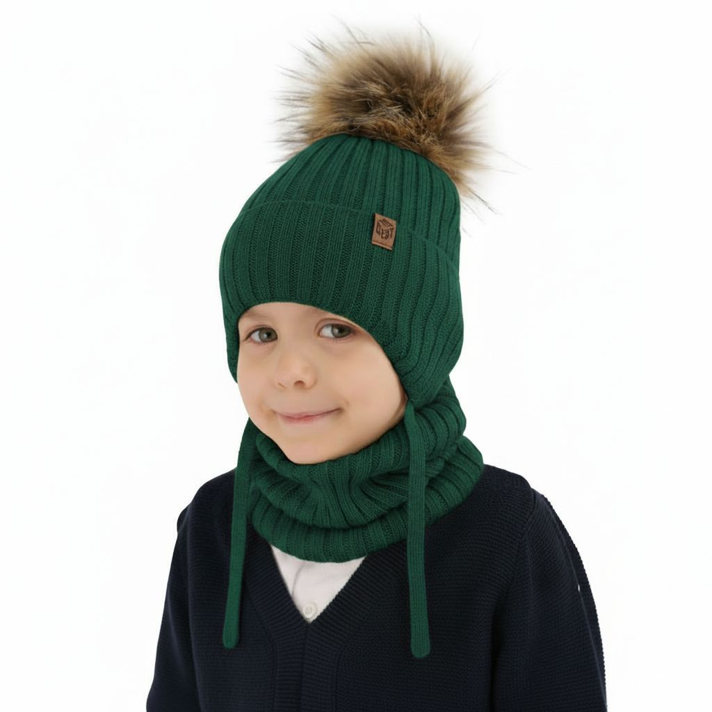 Set invernale bambino: berretto e scaldacollo, verde, 100% Lana Merino, con lacci, Juno