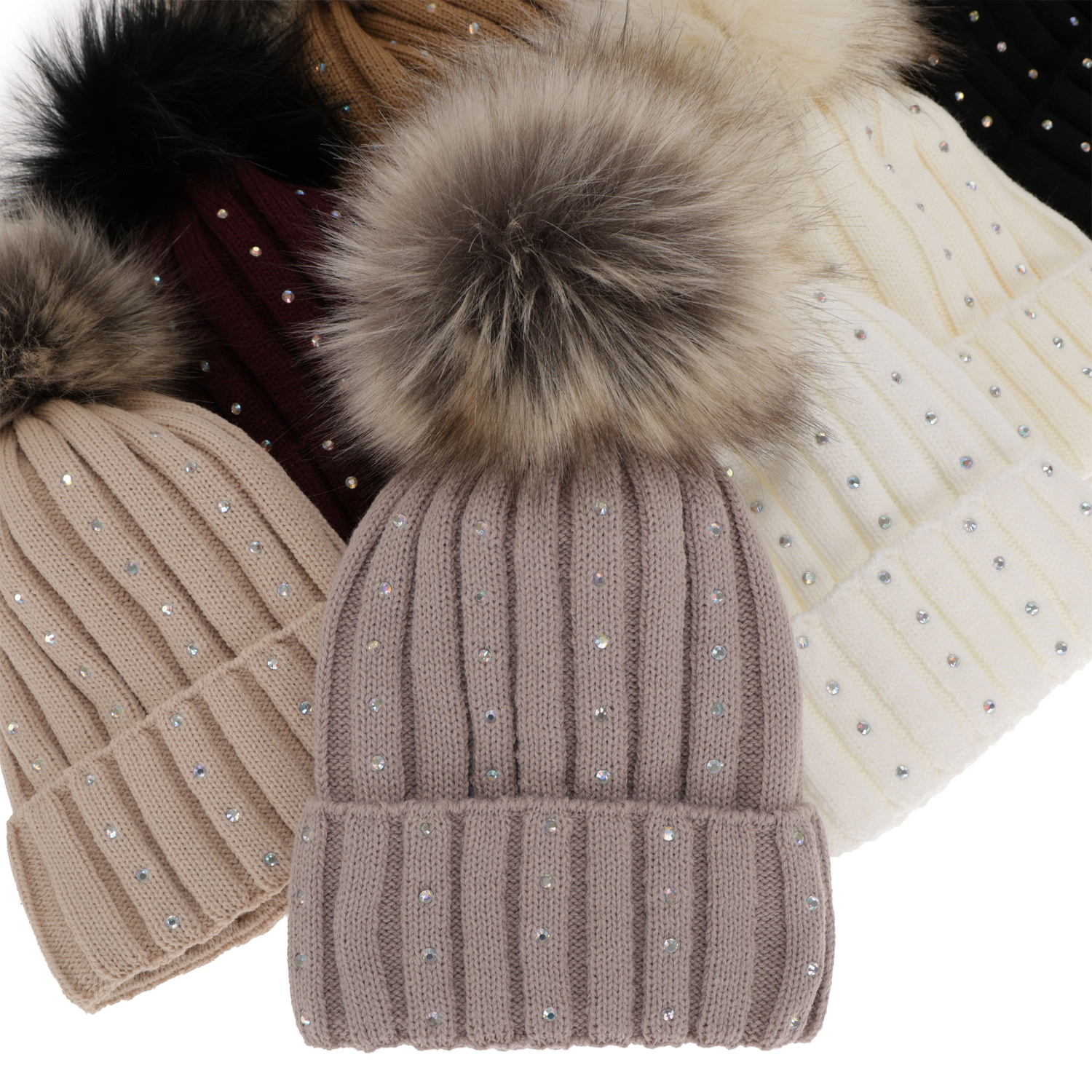 Berretto invernale donna, grigio, con pompon, Mada