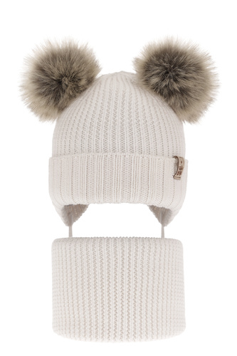 Set invernale bambino: berretto e scaldacollo, bianco, 100% Lana Merino, con lacci, Konor