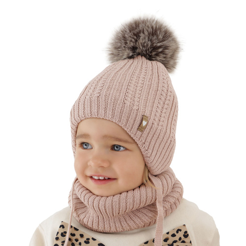 Set invernale bambina: berretto e scaldacollo, beige, 100% Lana Merino, con pompon, con lacci, Muanda