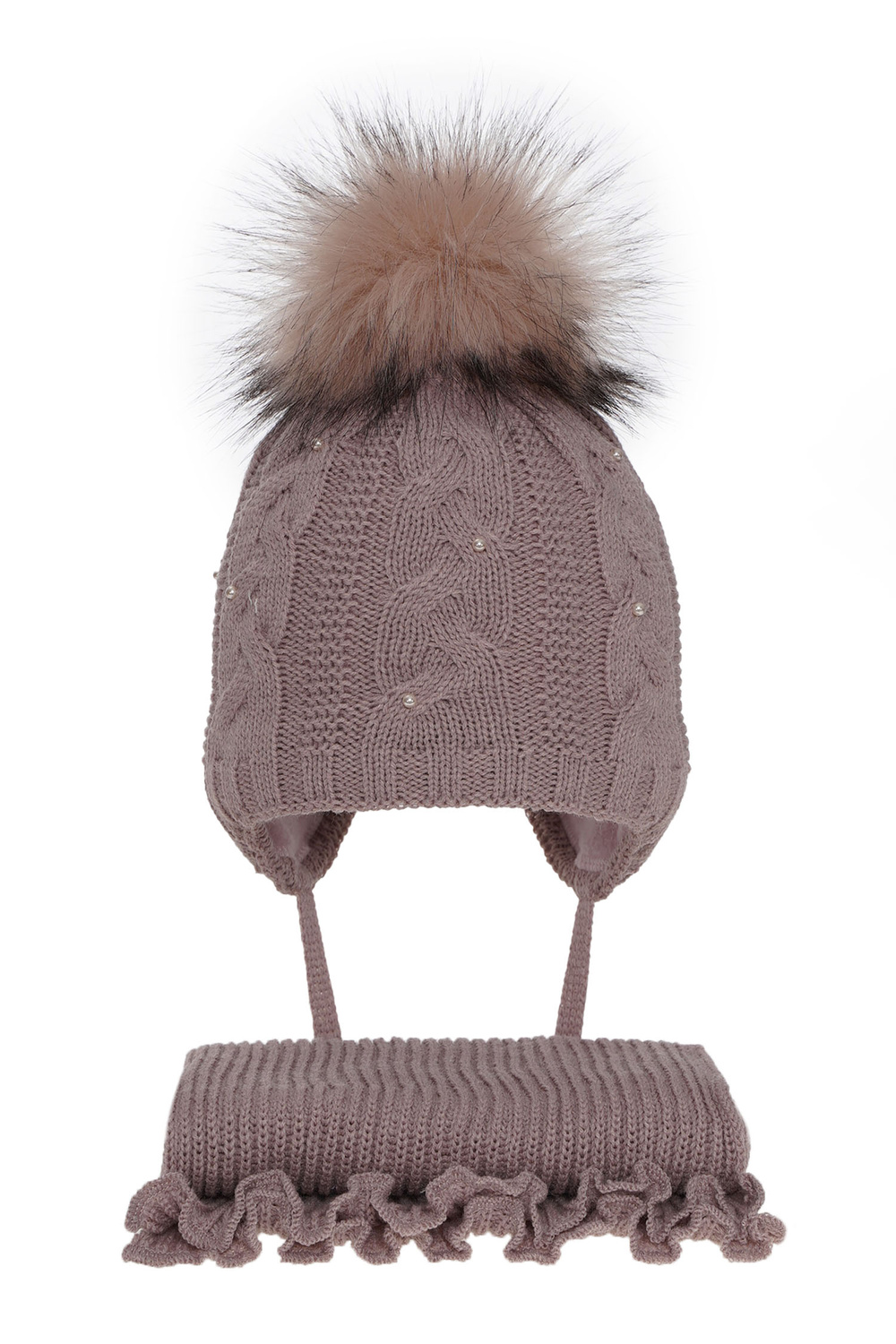 Set invernale bambina: berretto e sciarpa, lilla, con pompon, Mirella