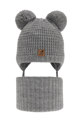 Set invernale bambino: berretto e scaldacollo, grigio, con due pon pon, con lacci, Krispi