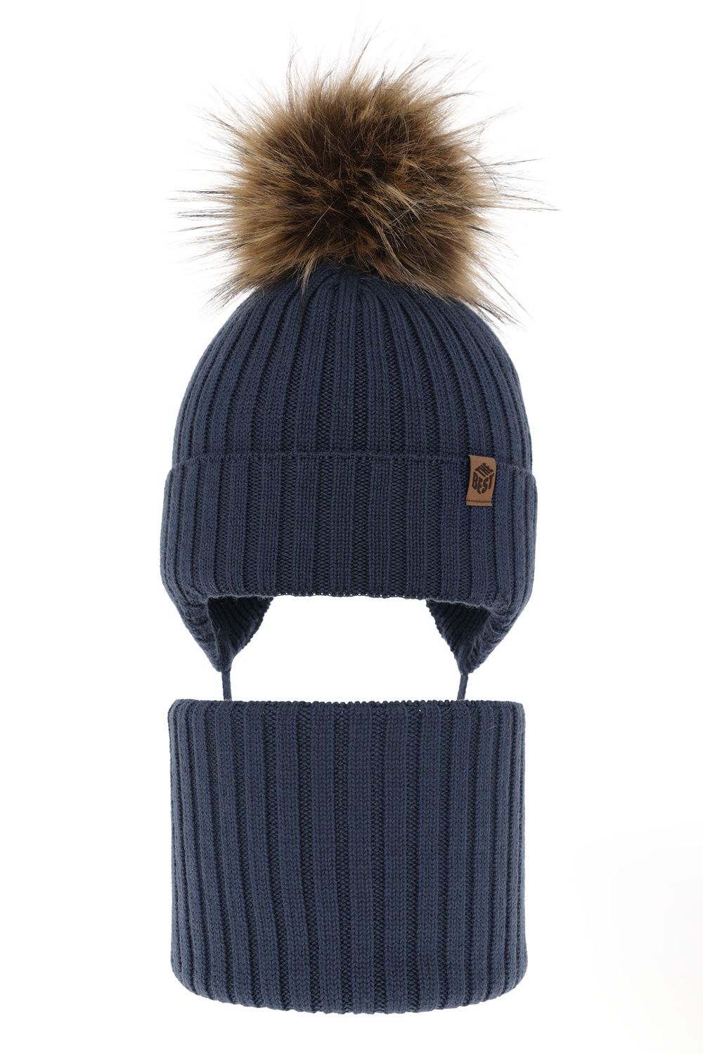 Set invernale bambino: berretto e scaldacollo, blu, con lacci, 100% Lana Merino, Juno