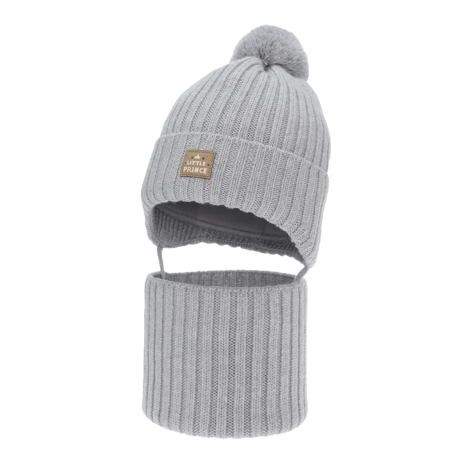 Set invernale bambino (berretto e scaldacollo), grigio, 100% Lana Merino, foderato in cotone, con lacci, Masil