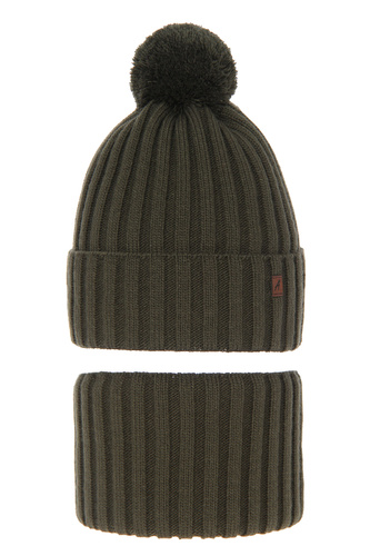 Set invernale bambino: berretto e scaldacollo, khaki, con pompon, Wiliam