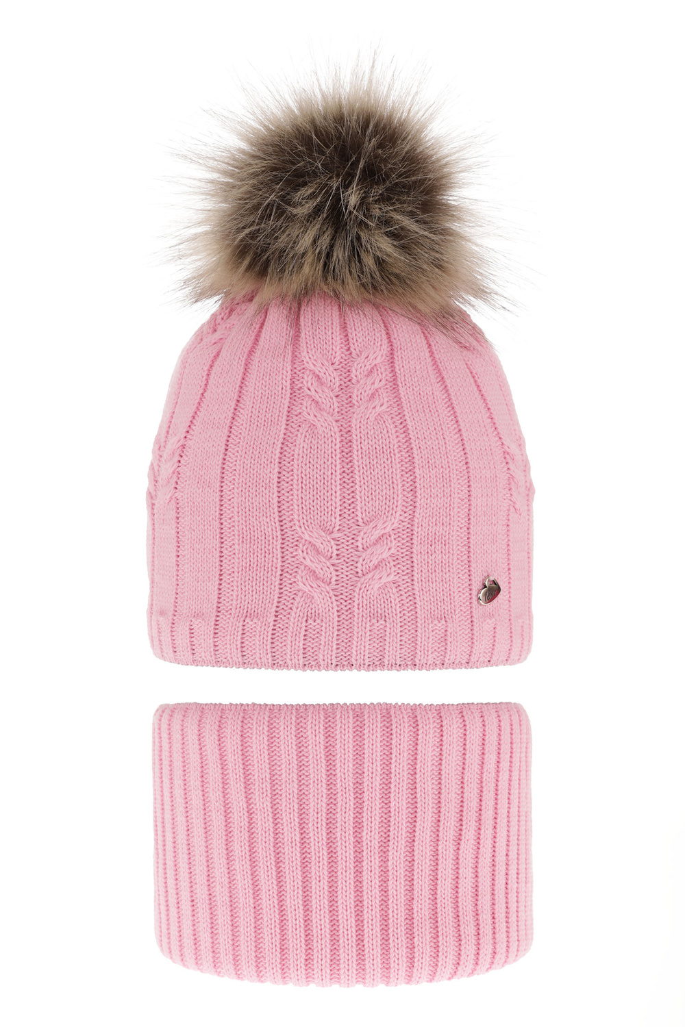 Set invernale bambina: berretto e scaldacollo, rosa, con pompon, Amaltea