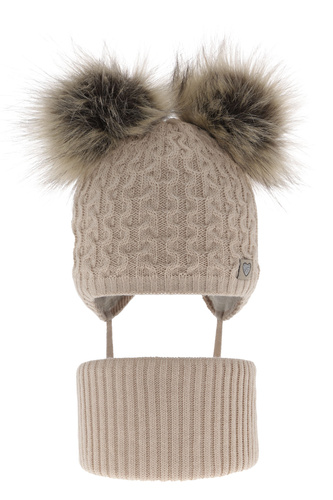 Set invernale bambina: berretto e scaldacollo, beige, con due pon pon, con lacci, Poliana