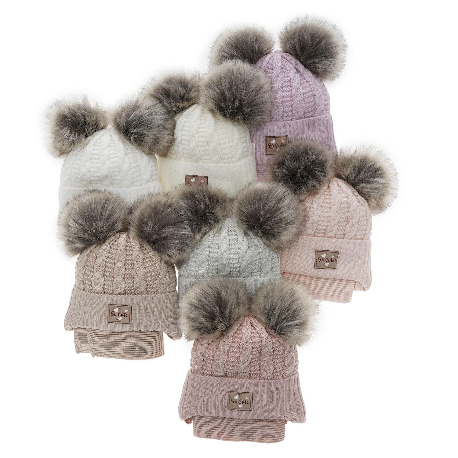 Set invernale bambina: berretto e sciarpa, beige, con filo brillante, con due pon pon, legato, Klarita
